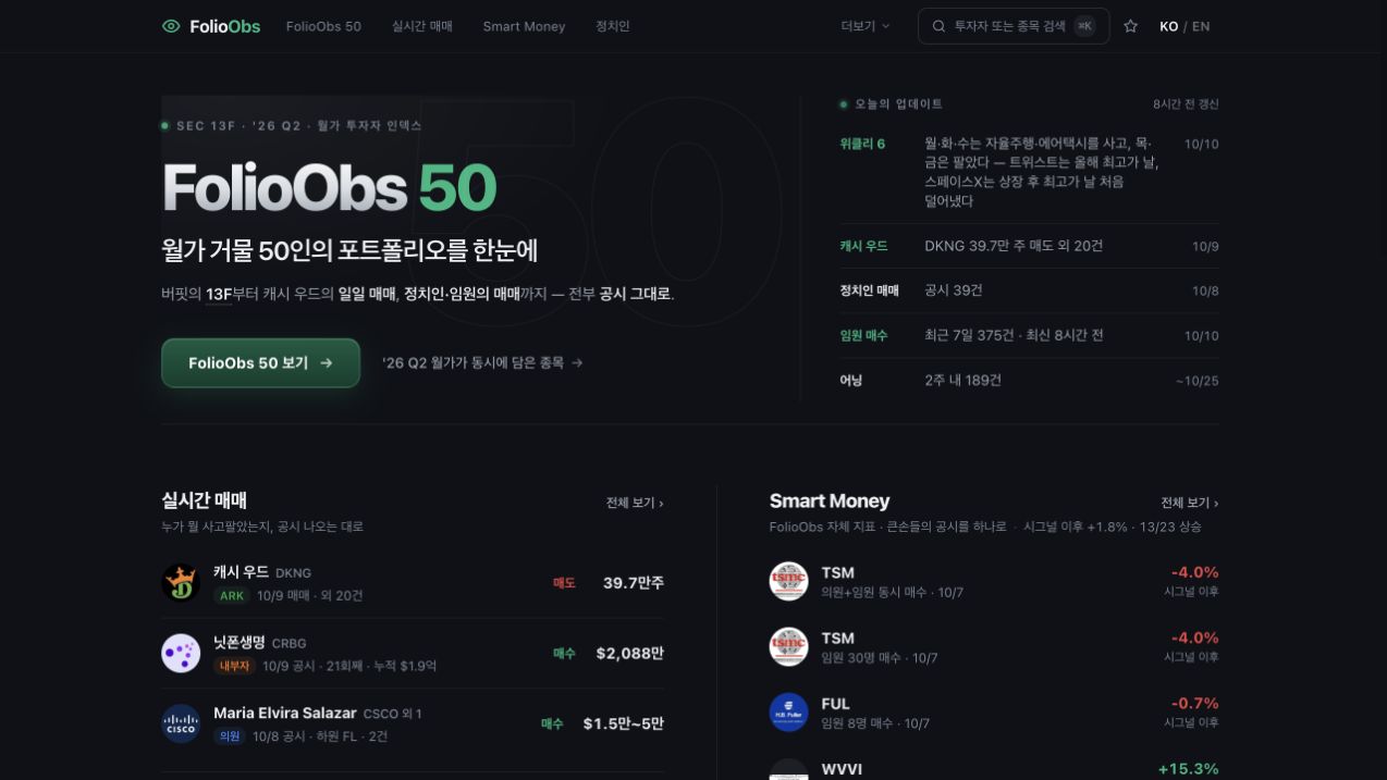 FolioObs의 투자 공시와 포트폴리오 화면